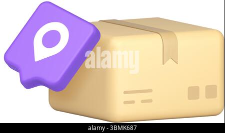 Closed cardboard box with purple location icon representing delivery services, inventory logistics and package tracking in modern colorful style. 3d i Stock Vector