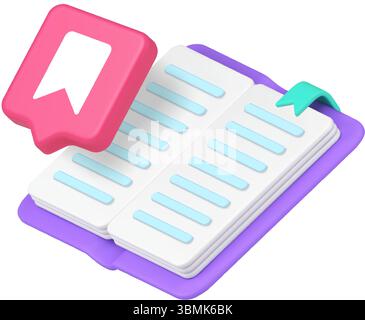 Open book with red speech bubble bookmark icon, representing reading, knowledge and dialogue in educational or business contexts. 3d icon realistic ve Stock Vector