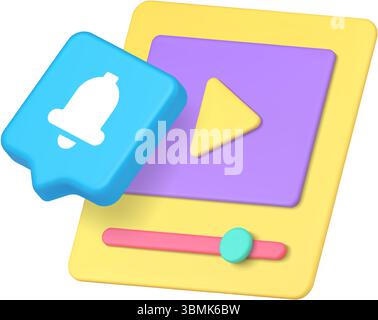 Bright video player symbol with red notification badge in a colorful modern style represents streaming, media, alerts, and communication. 3d icon real Stock Vector