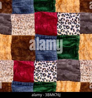 Seamless 4k photo texture of patchwork material with various square colored and patterned velvet pieces sewn together. Stock Photo