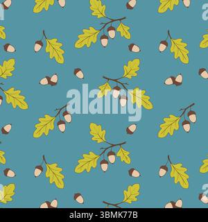 Autumn pattern with oak acorns, acorns on blue pastel background. Seasonal ornament. Endless texture can be used for web design, printing onto fabric Stock Vector