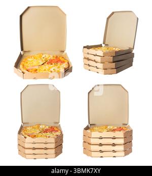 Isolated various angle photo of cardboard boxes with pizza on white background. Pizza delivery clipart. Stock Photo