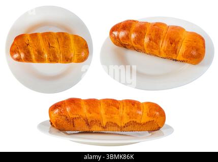 Isolated various angle photo of sausage bun served on plate on white background. Stock Photo
