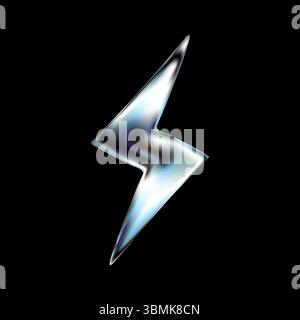 3D chrome lightning thunderbolt icon in Y2K retro. Glossy metallic shape with electric energy effect. Silver, aluminum or steel element. Futuristic flash symbol. Vector render style. Stock Vector