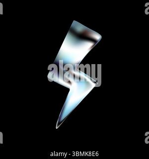 Chrome 3D thunderbolt lightning icon in Y2K style. Metallic silver arrow with electric flash and shock effect. Glossy holographic render with futuristic energy. Vector design on dark background. Stock Vector