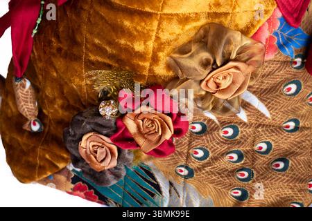 Traditional Japanese style highly decorative handmade ladies quitted fabric handbag as cutout on white Stock Photo
