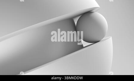 Abstract white background. Geometric installation with spherical and geometric shapes blending in a minimalist composition, portraying creativity and Stock Photo