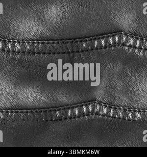 Seamless 4k photo texture material of polished black leather surface with ornate wavy stitching pattern. Stock Photo