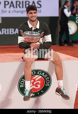 French Open 2025 winner Carlos Alcaraz with the trophy at Roland Garros