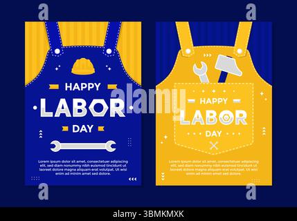 Happy Labor Day poster template set with yellow and blue color. Labor Day poster with hammer, wrench, and construction helmet Stock Vector