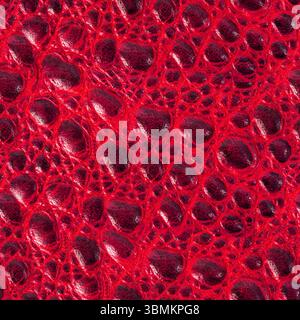 Seamless 4k photo texture material of red colored embossed reptile or snake skin patent leather surface. Stock Photo