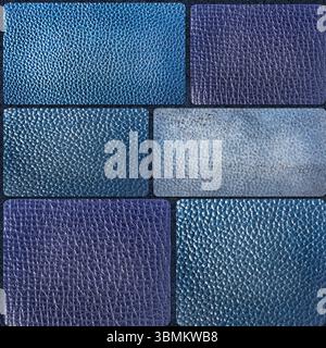 Seamless 4k photo texture of blue colored various patterned leather tile materials on suede surface. Stock Photo