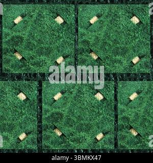 Seamless 4k photo texture material of green suede leather pathes pattern with white rope lacing on dark green leather surface. Stock Photo