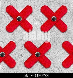 Seamless 4k photo texture material of white colored leather with red cross inserts with metal buttons. Stock Photo