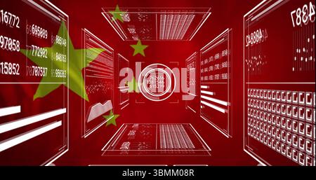 Chinese flag elements with digital data and analytics in image on red background Stock Photo