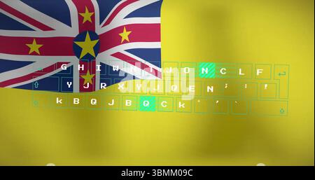 Merging Niue flag with neon green keyboard layout in digital yellow backdrop design Stock Photo