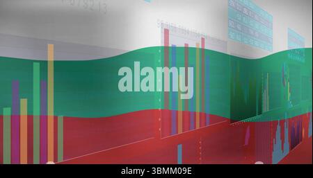 Overlaying digital data, colorful graphs and charts displayed on screen in image Stock Photo