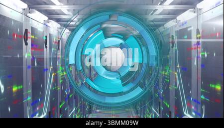 Displaying holographic interface hovering in data center aisle, with server cabinets and LED lights Stock Photo