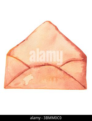 An open old letter envelope painted in watercolor. Without attachments with copy space. An envelope for wishes, congratulations, declarations of love. Stock Photo