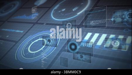 Displaying holographic dial floating on digital grid, with data panels, code windows and waveforms Stock Photo