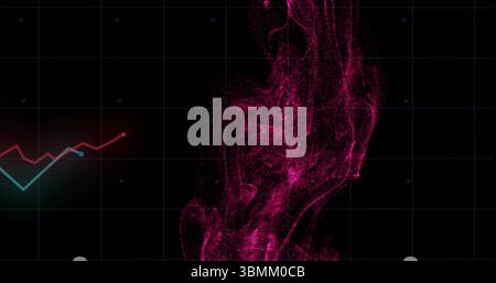 Image of pink smoke effect with grid overlay and fluctuating graph lines Stock Photo