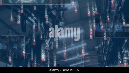 Streaming binary code over suspended conveyor hooks and rails at factory hall, showing HUD overlays Stock Photo