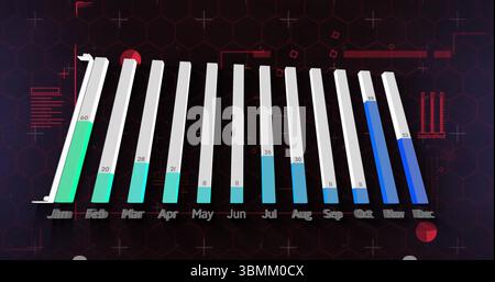 Image of bar graph showing monthly data with varying heights on dark background Stock Photo
