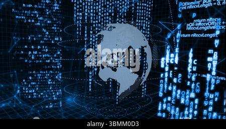 Image of digital globe with binary code and programming language elements Stock Photo