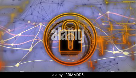 Floating glowing padlock icon illuminating digital network space, with grid overlay and node points Stock Photo