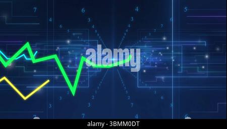 Image of green and yellow line graph over digital data background Stock Photo