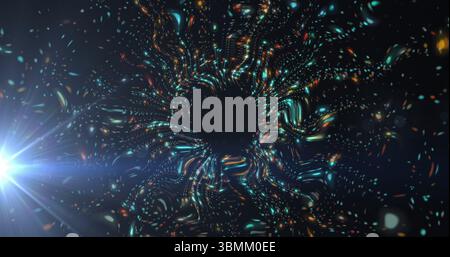 Image of colorful light patterns forming vortex shape on dark background Stock Photo