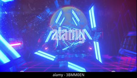Glowing neon tunnel with blue and pink geometric patterns, creating image effect Stock Photo