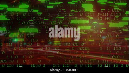 Image of binary code with green data blocks overlaying cityscape at night Stock Photo