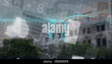 Projecting translucent data overlay on screen, showing building facade trees and cloud patches Stock Photo