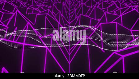 Image of dots flowing over geometric purple neon lines in motion Stock Photo