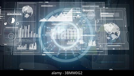 Displaying central circular HUD glowing above dashboard, with holographic panels and bar charts Stock Photo