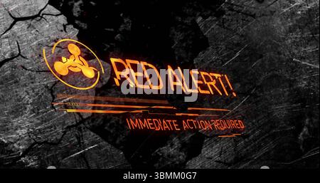 Red alert text requiring immediate action on dark textured background with image Stock Photo