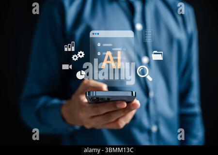 AI technology enhancing SEO strategy on mobile device with data analysis, content optimization Stock Photo