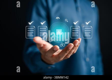 AI technology automates document verification for accuracy and compliance. Stock Photo