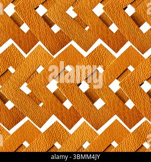 Isolated seamless 4k texture of light brown  leather ornate geometric strap weave mesh on white background. Stock Photo