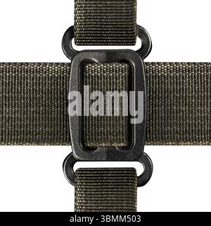 Isolated seamless 4k texture of khaki colored nylon military strap mesh grid with plastic connectors on white background. Stock Photo