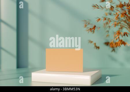 A blank cardboard card displayed on a white platform with autumn leaves in soft natural light. 3d rendering Stock Photo