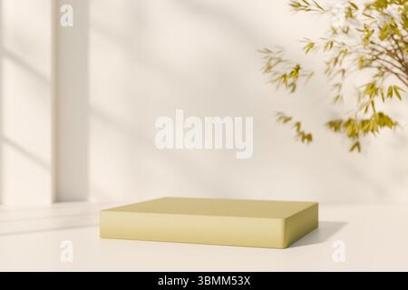 A beige platform sits on a white surface with soft shadows and a delicate plant in the background. 3d rendering Stock Photo