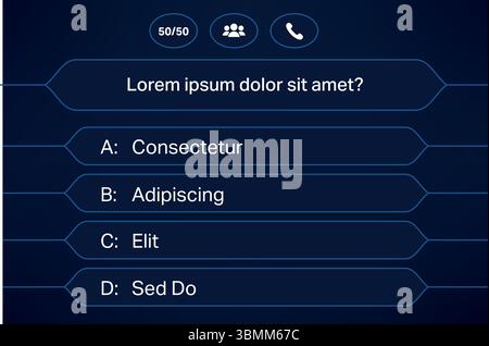 Game show question graphic with four answer choices and lifeline icons in top corner. Stock Vector