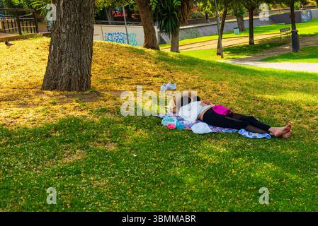 A woman rests in the grass  in a park Stock Photo