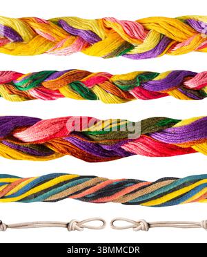 Seamless isolated photo of multicolored braided and weave cloth ropes on white background. Stock Photo