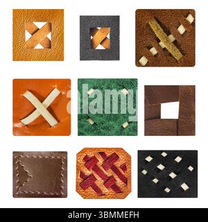 Isolated photo of various color and type decorative leather patches on white background. Stock Photo