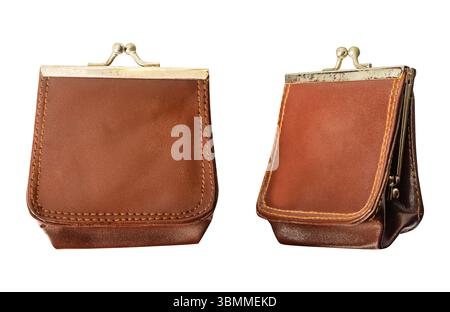 Isolated photo of vintage and antique leather wallet on white background. Stock Photo