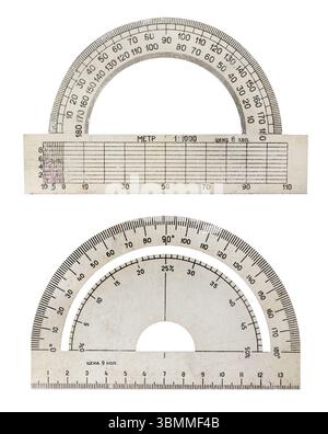 Isolated photo of antique soviet aluminum angle ruler tool or instrument on white background. Stock Photo