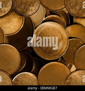 Seamless 4k photo texture surface of various vintage and weathered golden coins pile or heap. Stock Photo